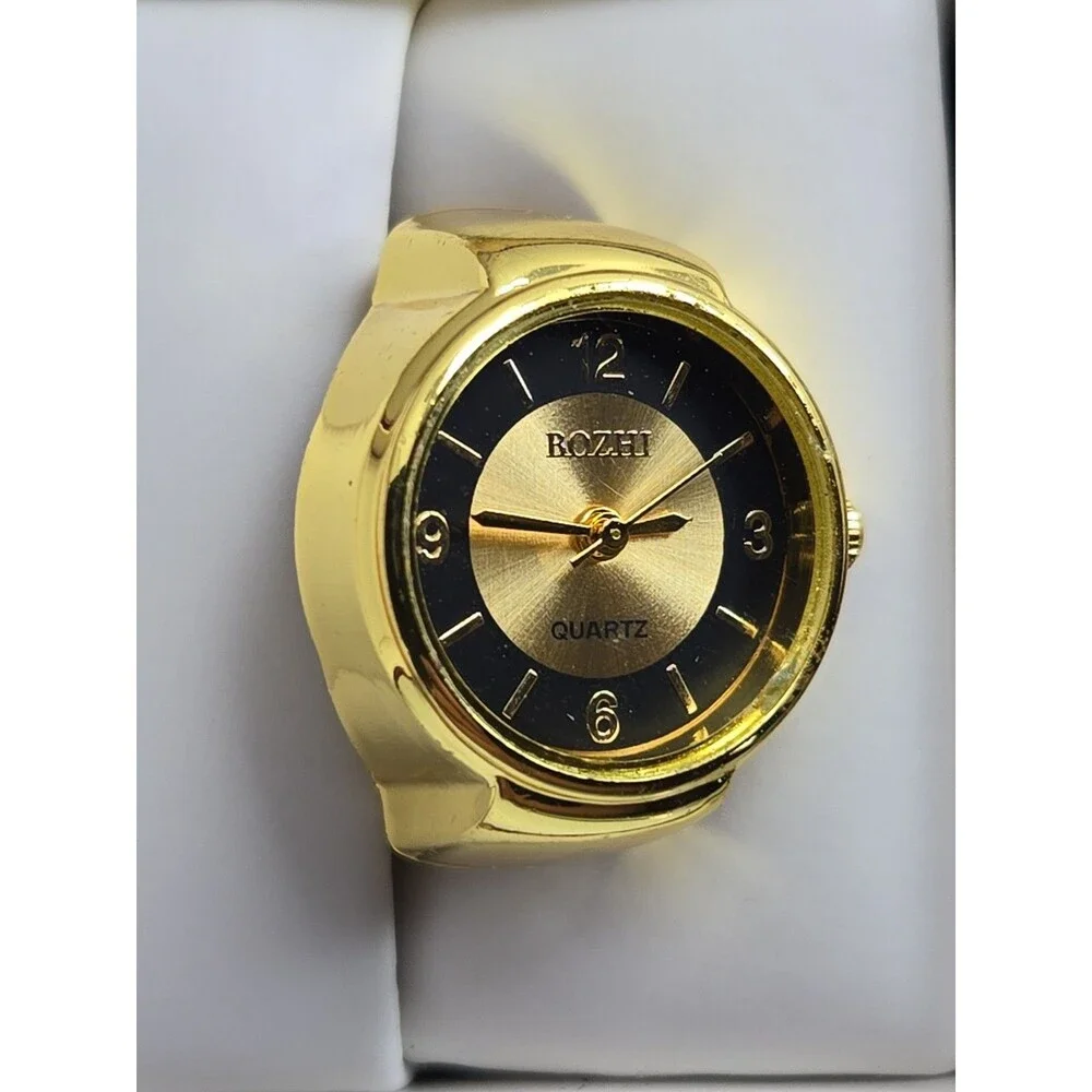 Bozhi Gold Tone Quartz Ring Watch Black Dial Adjustable Finger Retro New Battery